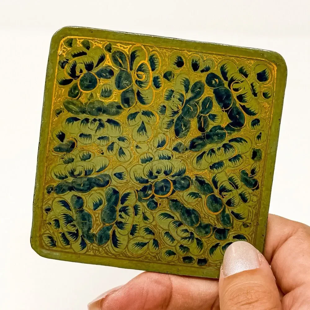 Vintage Kashmiri Papier Mache Lacquer Box 6 Hand Painted Floral Coasters